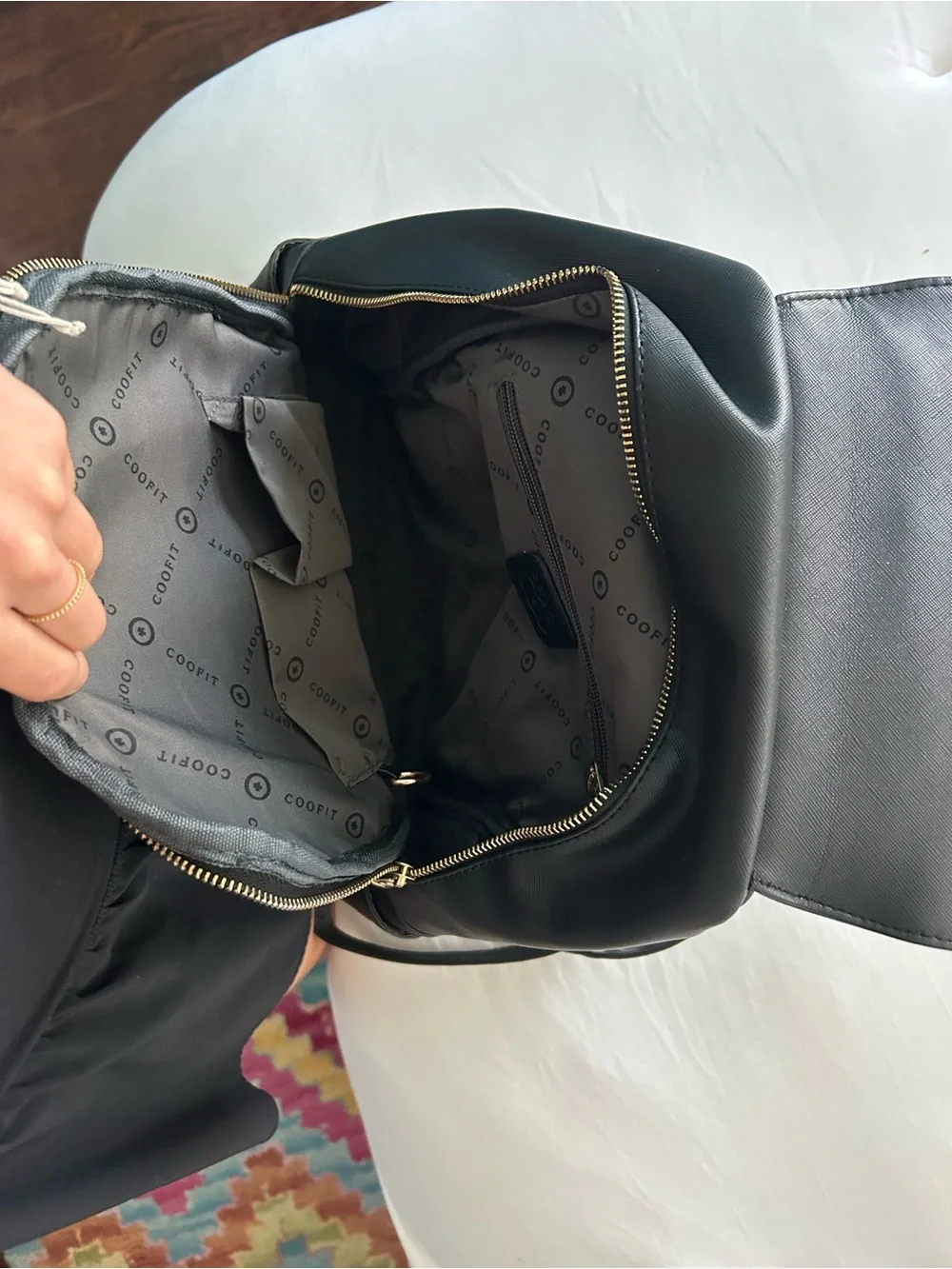 Black Leather-Look Backpack with Gold Accent